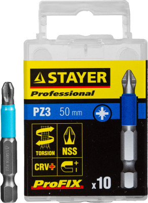 Биты STAYER ″PROFESSIONAL″ ProFix Pozidriv, тип хвостовика E 1/4″, № 3, L=50мм, 10шт